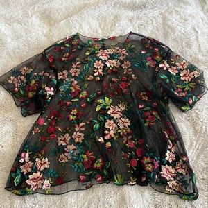 Floral embroidered sheer flowy top